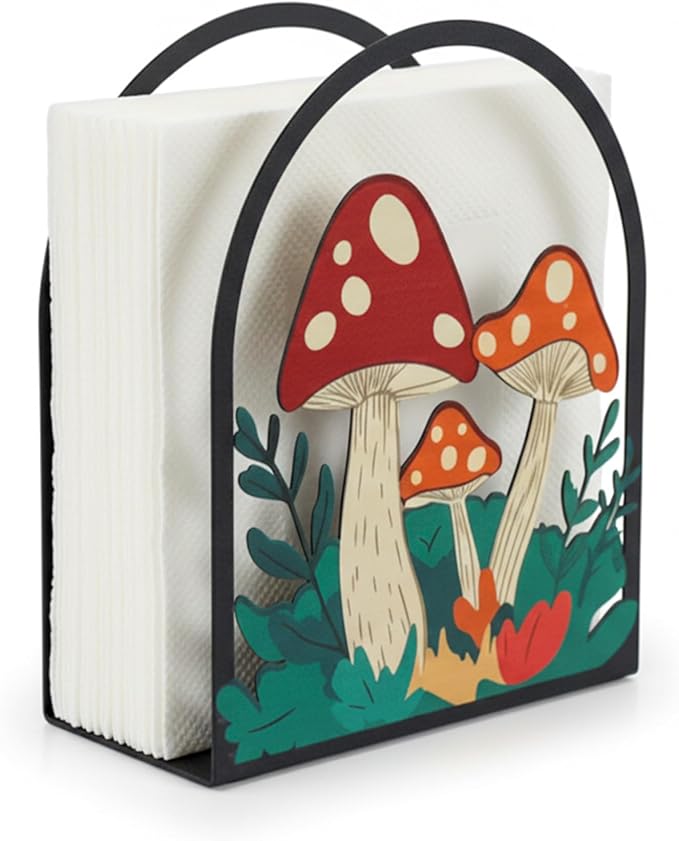Mushroom Kitchen Decor, Metal Mushroom Napkin Holder, Nature Decor Mushroom Kitchen Accessories Paper Towel Holder, Tissue Holder for Mushroom Lovers, Rustic Farmhouse Decor