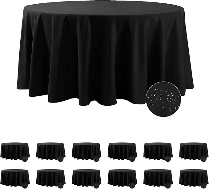 Fokitut 12 Pack Waterproof Round Tablecloth, 108 Inch, Stain Resistant and Wrinkle Polyester Table Cloth, Fabric Table Cover for Kitchen Dining, Wedding, Party, Holiday Dinner-Black