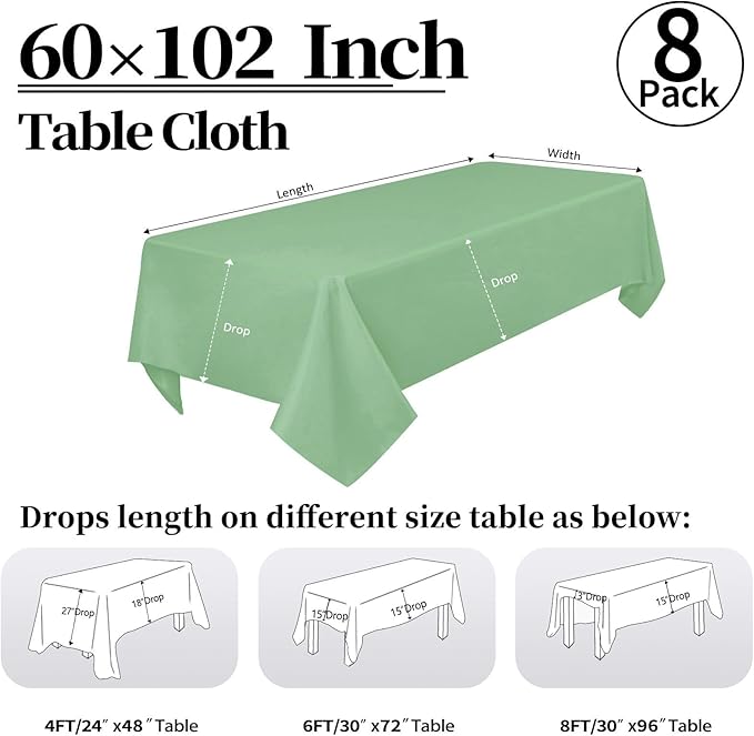 8 Pack Sage Green Tablecloth 60 x 102 Inch Rectangular Table Cloth for 6 Foot Rectangle Tables, Wrinkle Resistant Washable Polyester Fabric Table Covers for Wedding Party Banquet Buffet and Camping