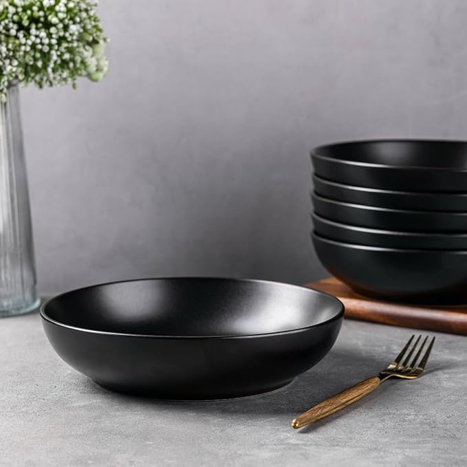 AmorArc 8.5 Inch Stoneware Pasta Bowls, 32oz Large Bowls Set of 4 for Kitchen, Wide Bowls for Pasta,Salad,Oatmeal, Microwave&Dishwasher Safe, Matte Black