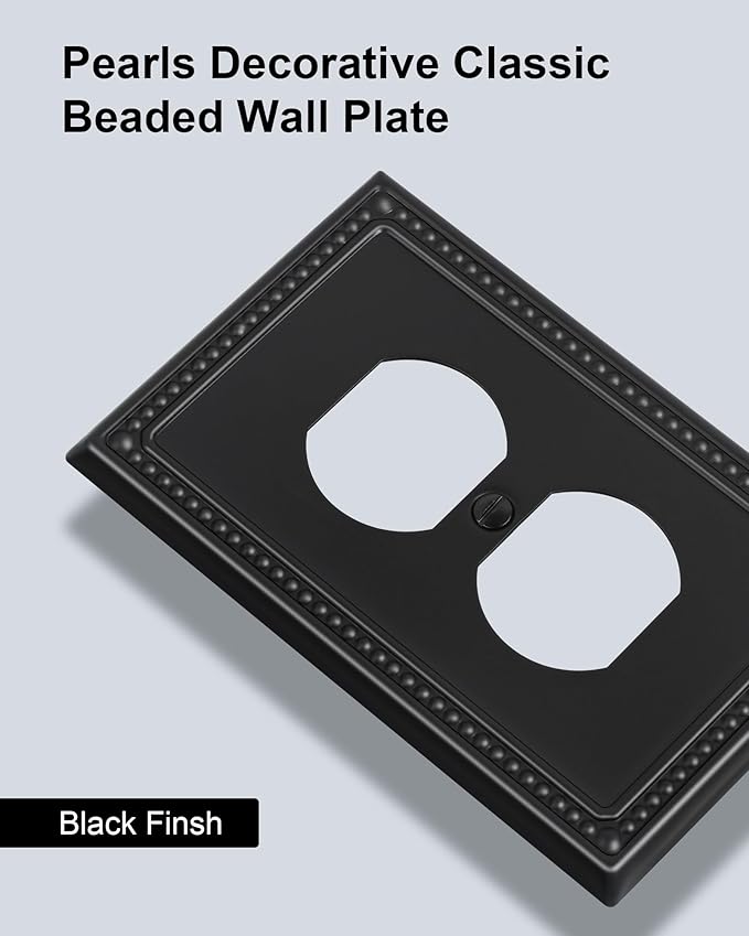 4-Pack Duplex Outlet Cover, Black Metal Wall Plates for Electrical Outlets, 1 Gang Receptacle Light Switch Cover, Pearls Beaded Decorative Switch Plates and Outlet Covers
