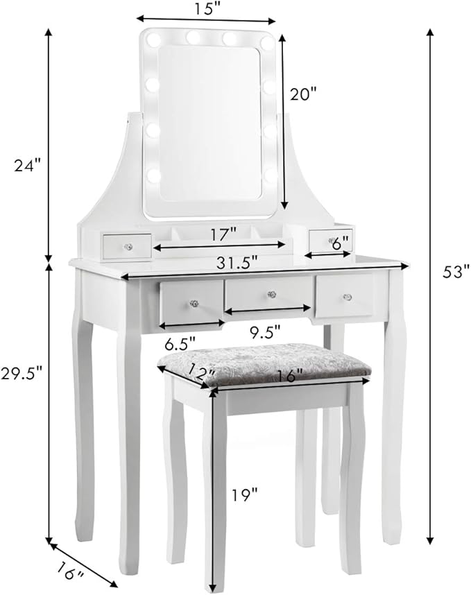 DORTALA Vanity Table Set w/ 360-Degree Rectangular Mirror & Cushioned Stool, Makeup Table w/ 10 LED Dimmable Bulbs, Bedroom Wood Dressing Table w/ 5 Drawers & Removable Box Organizer, White