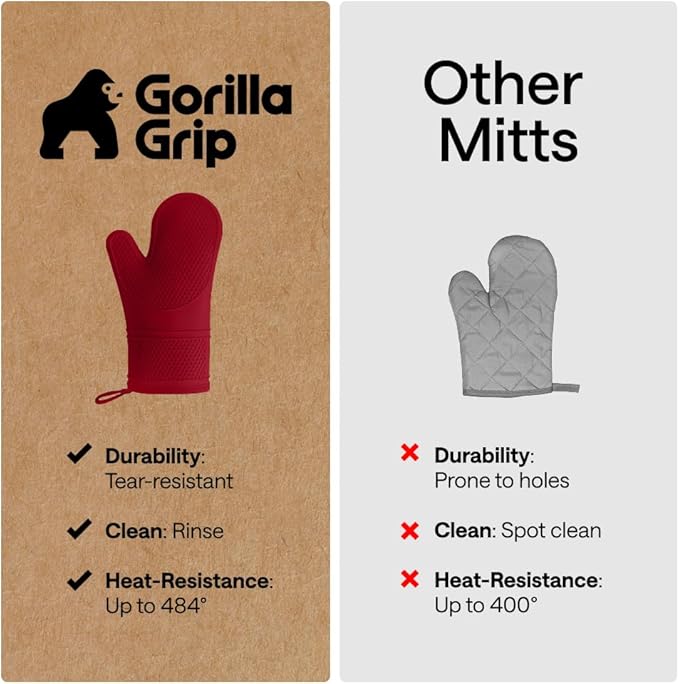 GORILLA GRIP BPA-Free Soft Silicone Oven Mitts, Heat Resistant and Waterproof Cooking Gloves, Thick Cotton Lining, Flexible Gripping Kitchen Potholders Set of 2, Christmas Kitchen Decor, 12.5x8.3, Red