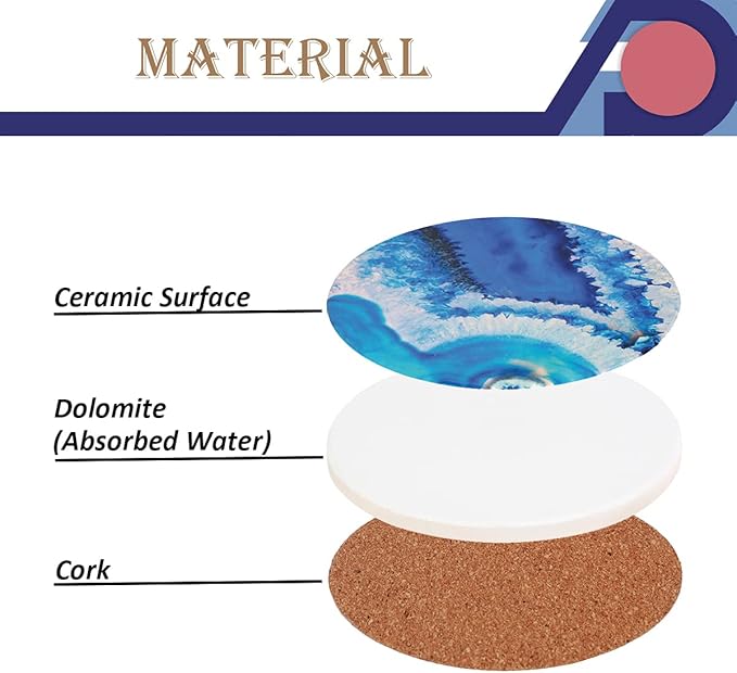 4-Piece Round Absorbent Ceramic Coaster Set with Cork Base – Durable Drink Coasters for Mugs, Cups, and Tabletop Protection (Azulejos)