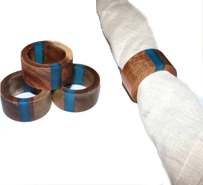 Wooden Napkin Rings Set of 8 for Dinning Table Decor - Acacia Wood Resin Napkin Holder Blue Napkin Ring for Home and Kitchen Décor (Round Shape)