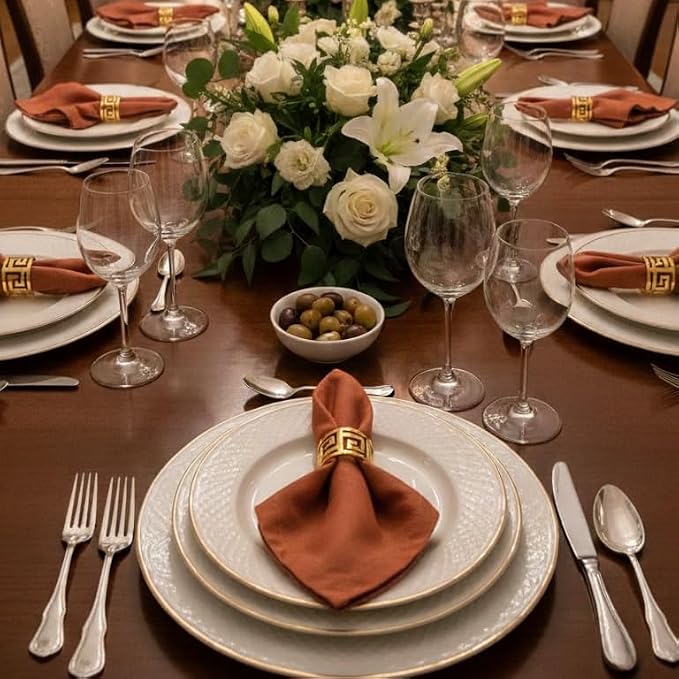 Shiny Gold Napkin Rings Set of 12, Greek Key Round, Modern Cuff Design - Image 3