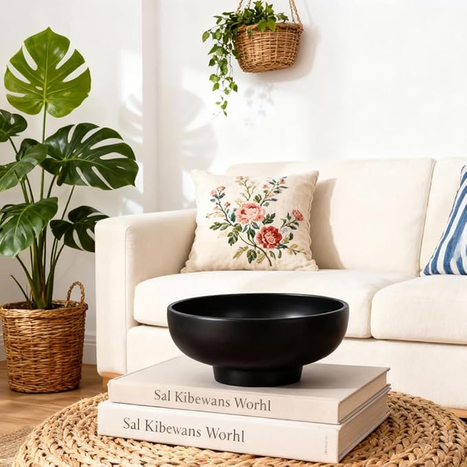 Black Decorative Pedestal Bowl 10.8in, Food Safe Resin Fruit Bowl for Kitchen Counter, Modern Centerpiece Dish for Coffee Table Dining Table, Entryway Key Catchall, Matte Finish