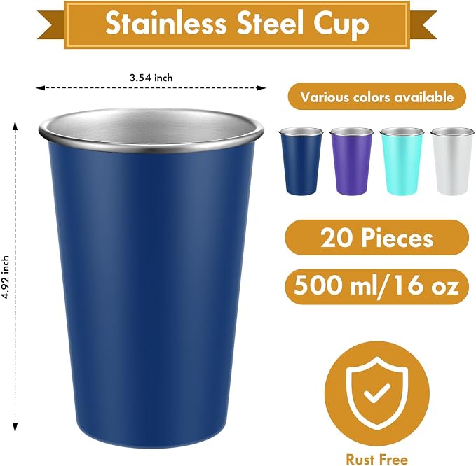 Mimorou 20 Pack 16 oz Stainless Steel Pint Cups Metal Cups Unbreakable Drinking - Image 2