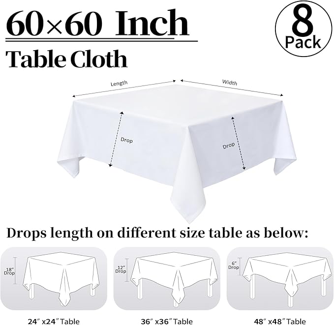 8 Pack White Square Tablecloth 60x60 Washable Polyester Table Cloth for Square or Round Tables, Wrinkle Resistant Fabric Decorative Covers for Dining Party Banquet Buffet and Wedding