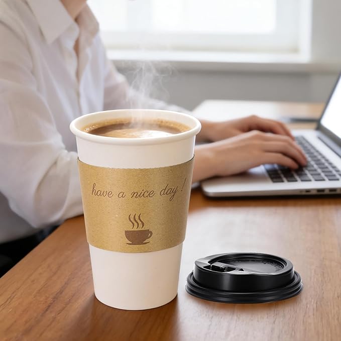 50 Pack 16 oz Disposable Coffee Cups with Lids, Paper Hot Coffee Cups with Sleeve and Straw, To Go Cups for Home, Office, and Party (White 16oz)