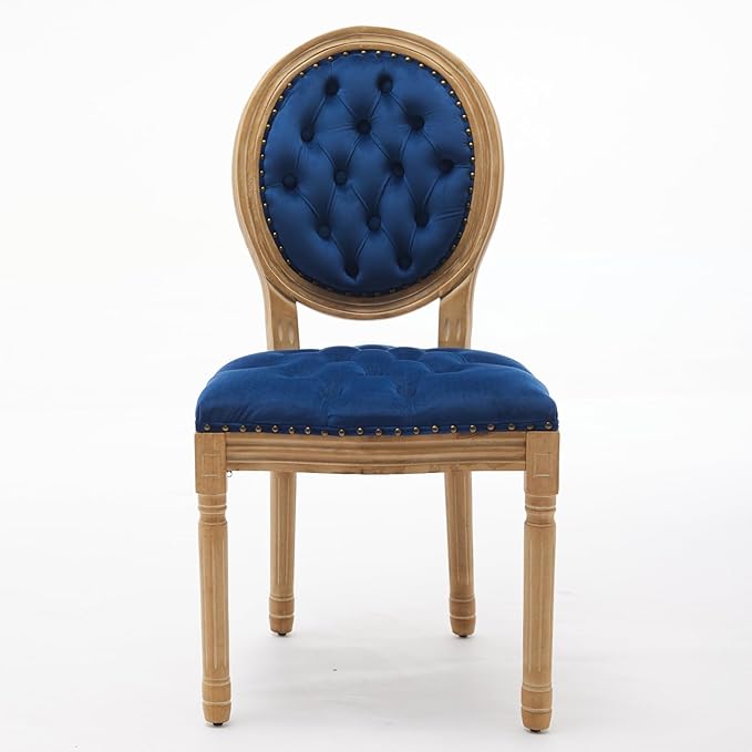 Ball & Cast French Vintage Upholstered Dining Chairs Set of 2, Button Tufted Kitchen Side-Chairs with Carved Antique Wood Frame & Nailhead Trims, 2-Piece Curved Backrest Louis Chair, Velvet Blue