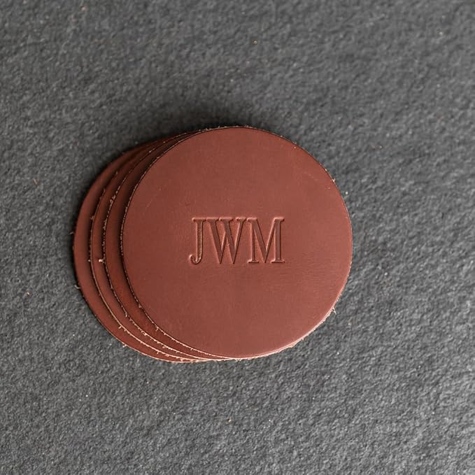 Ox & Pine Personalized Leather Coaster - Sold Individually or in Sets of 4 - Customize Inscription - 100% Full-Grain Leather – 4" Round or 4" Square (Round, Brown, Set of 4 Coasters)