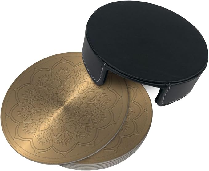 Drink Coasters with Holder Stand Set of 6, Mandala Rosette Engraving Pu Leather - Image 7