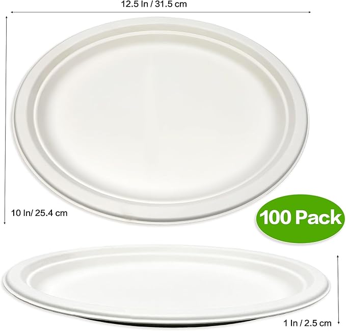 100 Pack Compostable Oval Paper Plates, 12.5 Inch Disposable Heavy Duty Bagasse Platters White Dinner Plates for Restaurant, Parties, Home, BBQ, Picnic, Christmas