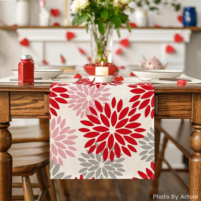 Artoid Mode Red Pink Dahlia Floral Pinnata Valentine Table Runner, Summer - Image 2