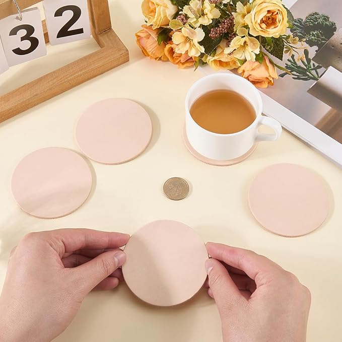 5PCS 3.23 Inch Round Vegetable Tan Genuine Leather Pad for Laser Engraving 3mm Thick Tooling Veg Circular Leather Pieces Sheet for Coasters Tooling Stamping Carving