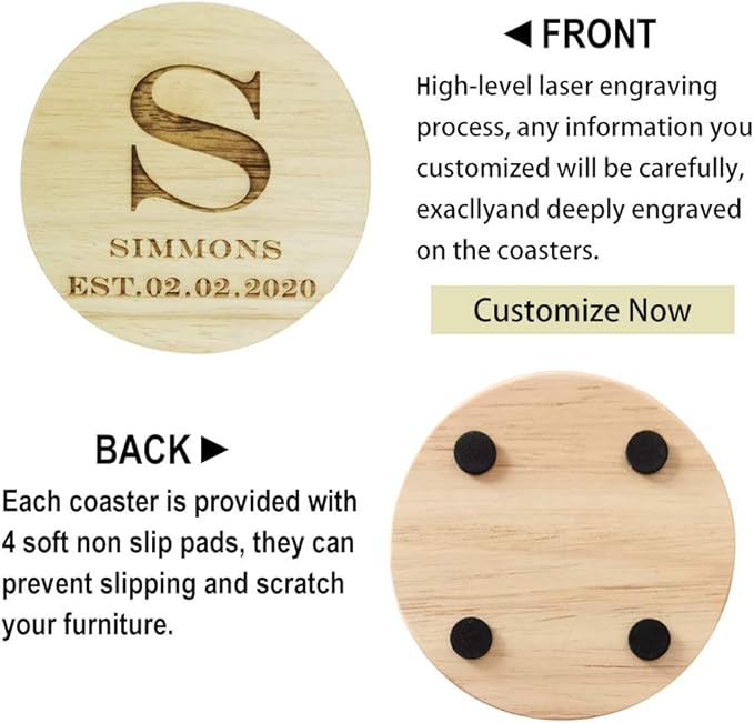 Personalized Monogram Coasters, Custom Engraved Wooden Coasters for Drinks, Great Gifts (Set of 4)