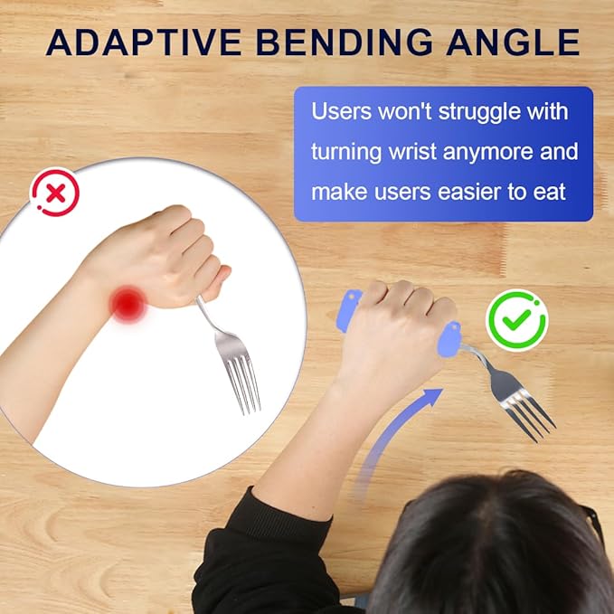 Adaptive Utensils,Curved Angled Spoon and Fork Set,for Tremors Parkinsons Limited or Elderly,Lightweight Cutlery with Non-Slip Easy Grip Handles