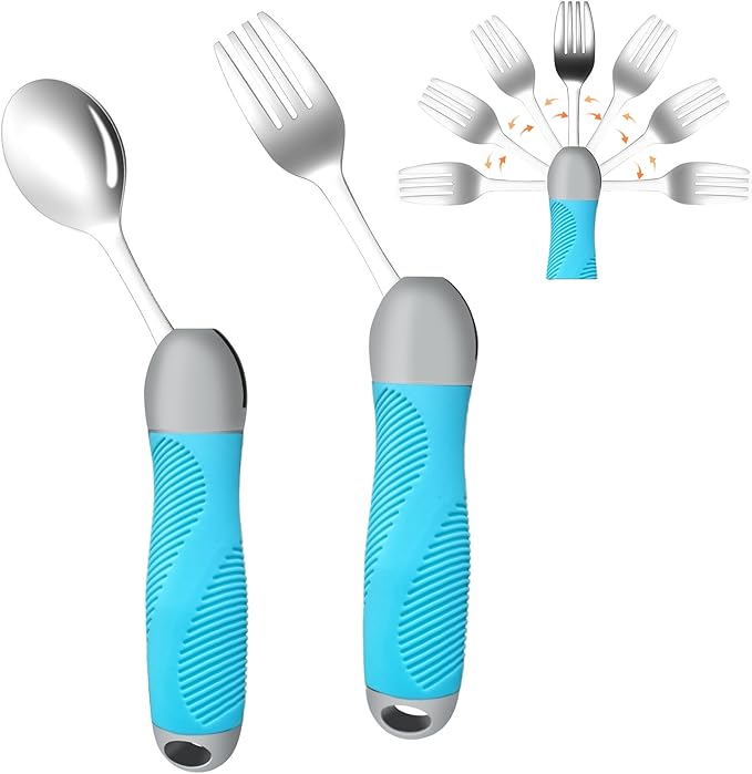 Weighted & Swivel Adaptive Utensils for Hand Tremors,Parkinson‘s - Comfort Grip Silverware Set, Eating Aids for Arthritis, Elderly & Weak Hands (Spoon & Fork)
