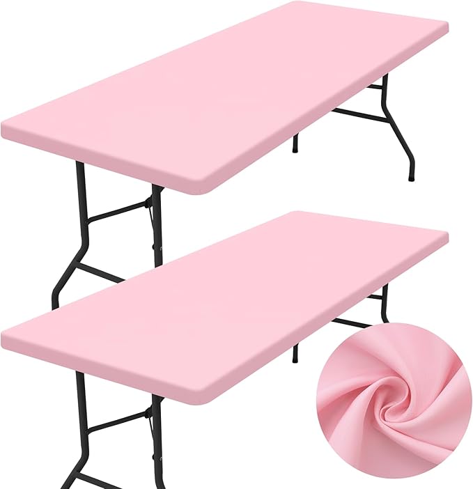 homing 2 Pack Rectangle Table Cloth, Elastic Fitted Fabric Tablecloth Fits for 8 Foot Folding Tables, Washable Table Cover for Picnic, Camping, Indoor & Valentine's Day (Pink, 30" x 96")