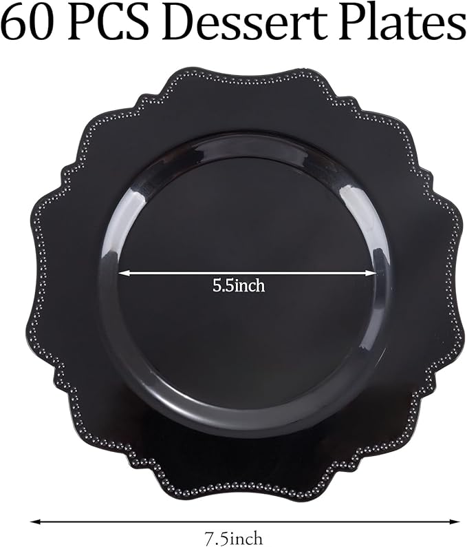 COLOSUS 60pcs Black Plastic Dessert Plates - 7.5 Inch- Heavy Duty Disposable Plastic Appetizer/Salad/Cake Plates for Party Wedding Birthday and Everyday Use