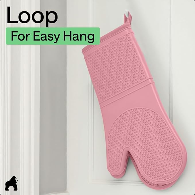 GORILLA GRIP BPA-Free Soft Silicone Oven Mitts, Heat Resistant and Waterproof Cooking Gloves, Thick Cotton Lining, Flexible Gripping for Baking Grilling, Kitchen Potholders Set of 2, 12.5x8.3, Pink