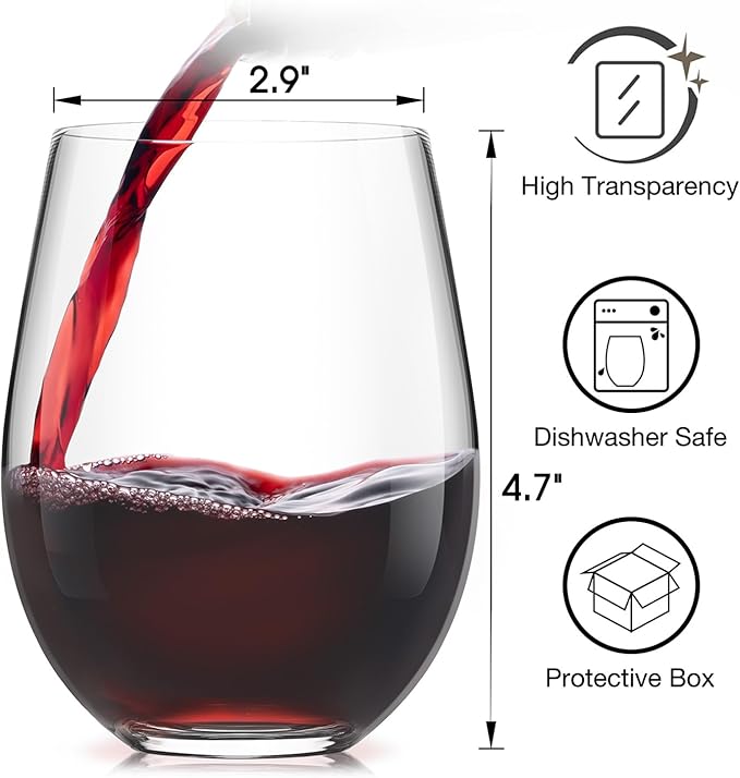 LUNA & MANTHA Stemless Wine Glasses Set of 12, 18oz Crystal Red White Wine Glasses for Daily Use, Hosting, Home Bar, Evening Party, Birthdays, Shower, Housewarming Gift, Clear