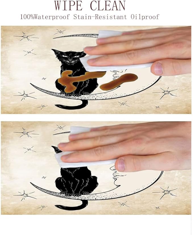 Round Edge Closing Tablecloth, Moon Elastic Edged Tablecloth, Black Cat Sitting on White Crescent Moon, Fit Round Tables 39inch Diameter, for Dining Room/Party/Banquet Decoration, Sand Brown Black