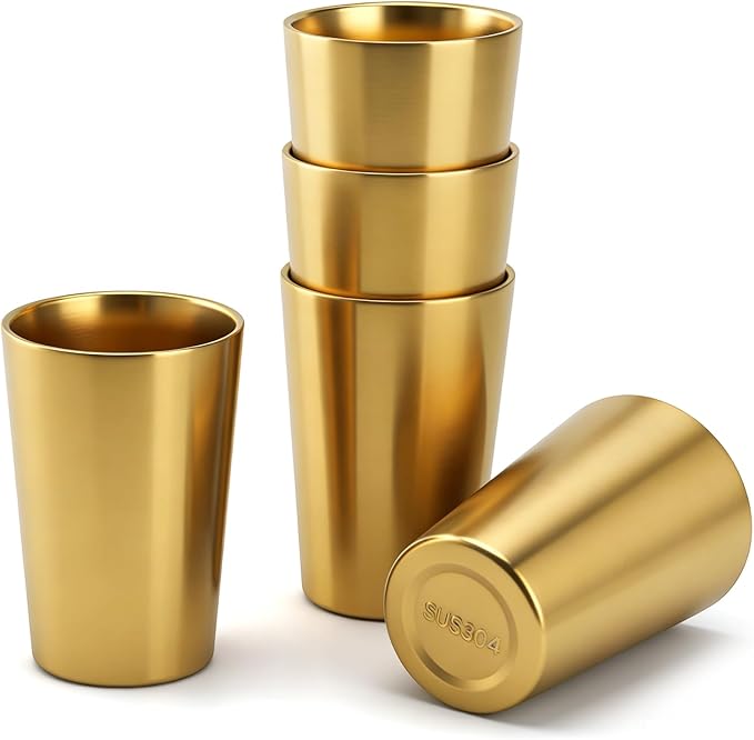 5 Pcs 12 oz Small Metal Cup, Double Wall Vacuum Stainless Steel Insulated Cup, Reusable Camping Cups Unbreakable Indoor Outdoor for Party, Home, Office, BBQ, Gold
