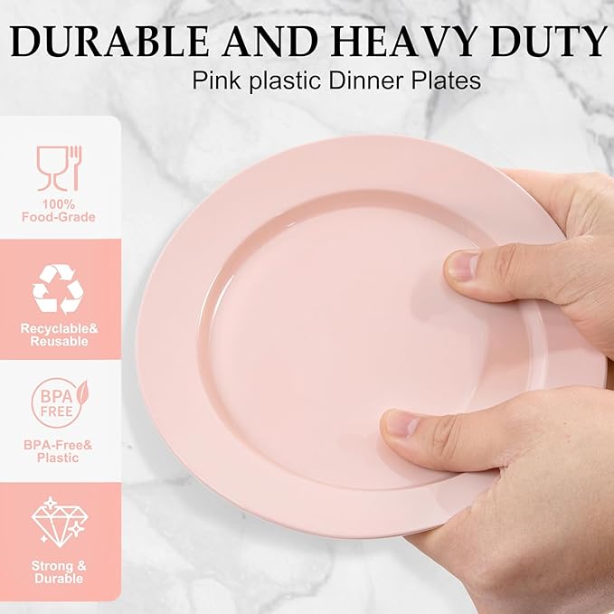 FLOWERCAT 200PCS Pink Plastic Plates Disposable Plates for Party - Heavy Duty Plastic Plates - 100 10" Pink Dinner Plates and 100 7" Pink Salad Plates for Weddings, Easter Parties,Mother's Day