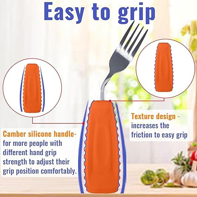 Adaptive Utensils for Hand Tremors,Weighted Utensils with Non-Slip Handle to Easy Grip for Elderly Use(Left Hand 1 pc Fork+1 pc Spoon=2 pcs,Orange)
