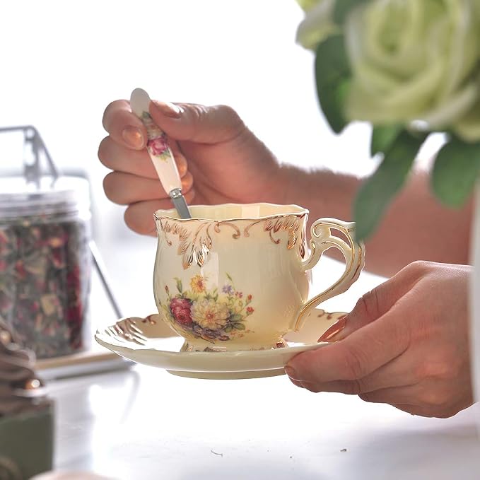 YOLIFE Tea Cups and Saucers Set of 2, 8 OZ Flowering Shrubs Tea Cups Set | - Image 2