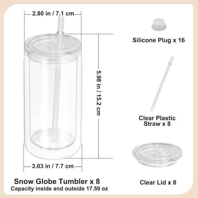 8 PCS Plastic Snow Globe Tumbler, 16Oz Pre-Drilled Double Wall Snowglobe Cup | - Image 2