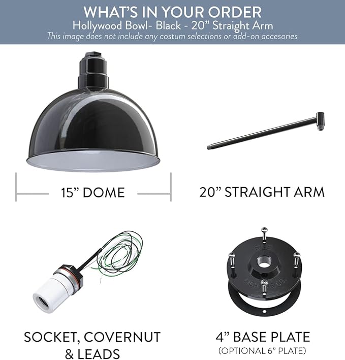 Steel Lighting Co. Hollywood Bowl Light | Outdoor Wall Mounted | 15 inch Bowl Dome | 20 inch Straight Arm | Barn Light Made in America | Black Exterior/White Interior