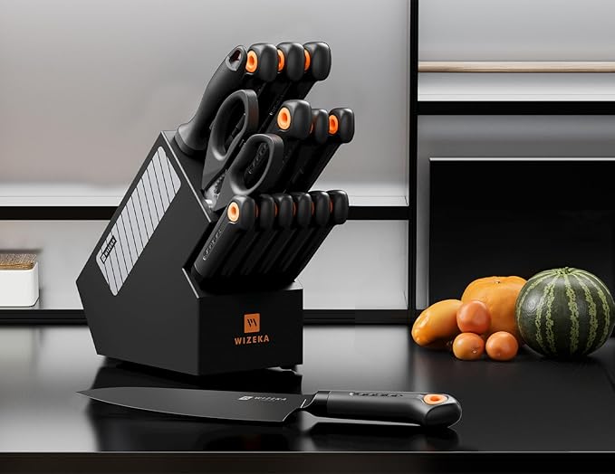 WIZEKA Kitchen Knife Block Set: 15 Pieces Dishwasher Safe Knives Set for Kitchen, Ultra Sharp Black Knife Set With Sharpener, Non-Slip Handle, Anti-Rust Coating, Dark Vision Series