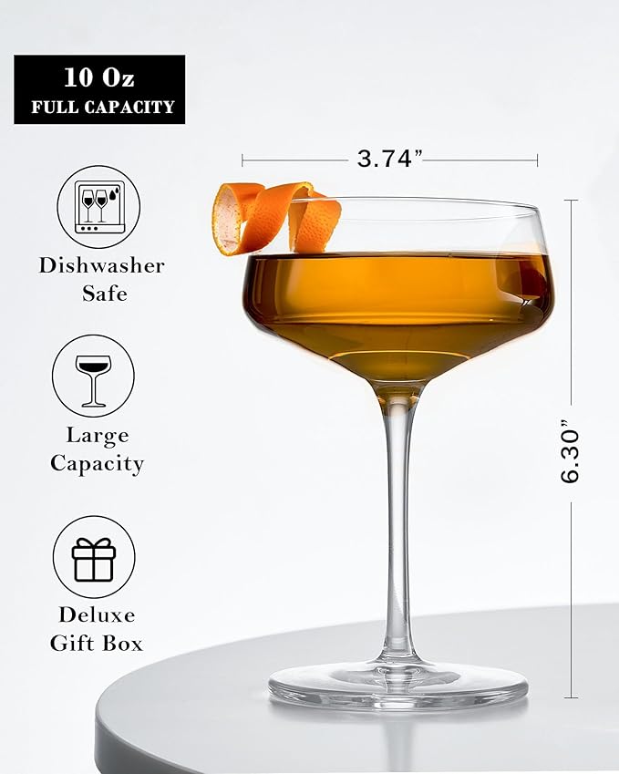 JBHO Martini Glasses, Crystal Coupe Glasses Set of 4, 10 Oz, Large and Fancy Cocktail Glasses, Hand-Blown Champagne Coupe Glasses for Espresso Martini, Manhattan as Bar Glassware or Mother's Day Gift
