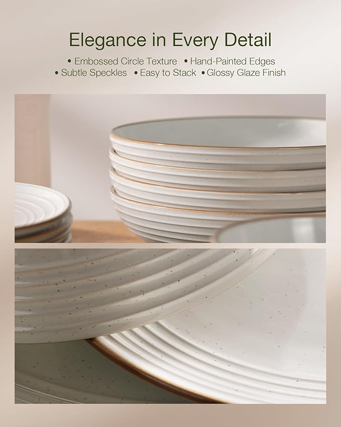 Famiware Jupiter Dinnerware Set, Plates and Bowls Dish Sets for 8 (24 Pieces), Microwave and Dishwasher Safe Stoneware Speckled Tableware, Chip and Scratch Resistant, White