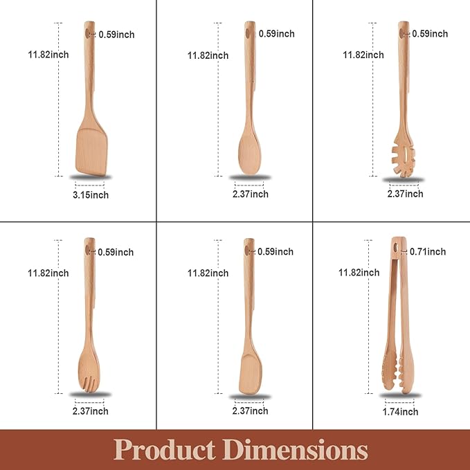 Wooden Cooking Utensils, 6 Pieces Natural Beech Wooden Spoons For Cooking with Unique Notch & Heat Resistant Design, Non-Stick Wood Kitchen Utensil Set with Hanging Hole for Kitchen Essentials