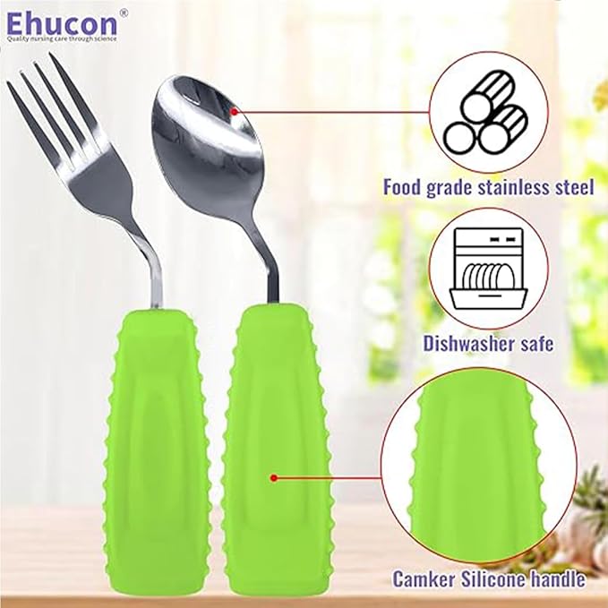 Adaptive Utensils for Hand Tremors,Weighted Utensils with Non-Slip Handle to Easy Grip for Elderly Use (Right Hand 1pc Fork+1 pc Spoon=2 pcs,Green)