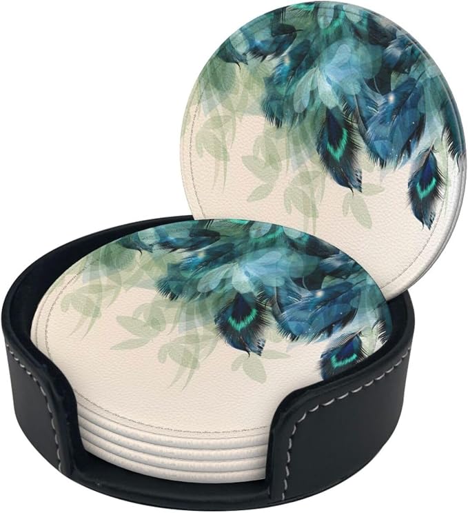 6 Pcs Peacock Feather Turquoise Bird Leather Coasters - Image 2