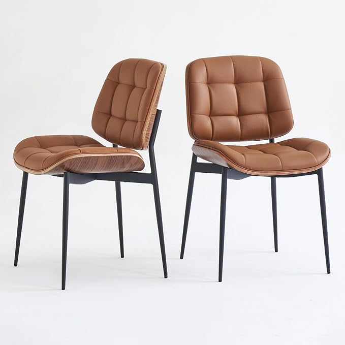 Mid Century Modern Dining Chairs with Walnut Grain Back, Brown Faux Leather Dining Room Chairs Set of 4, Checkered Soft Cushion Kitchen Chairs with Adjustable Foot Pads