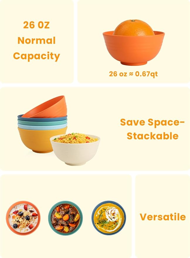 Homienly Wheat Starw Cereal Bowls, Unbreakable Bowl Set 6 PCS, Microwave and Dishwasher Safe Bowls, Alternative to Plastic Bowl Reusable, Bowl Set for Kitchen, Picnic, Camping, Party (26 OZ, Colorful)