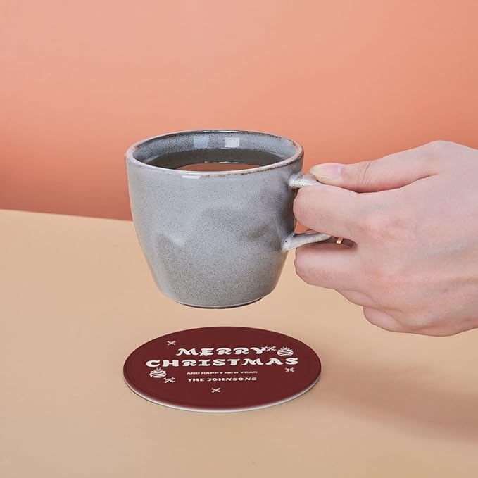 Customize PU Leather Coasters for Men, Red Custom Coasters with Last Name, Merry Christmas and Happy New Year Personalized Drink Coaster 6 PCS, Coaster Set with Holder, Gift for Christmas