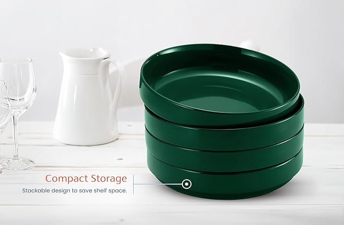 KooK Ceramic Large Pasta Bowls, Microwave and Dishwasher Safe, Great for Soups and Salads, Shallow Serving Bowls, Glossy Porcelain, 47 oz, Set of 4, Hunter Green