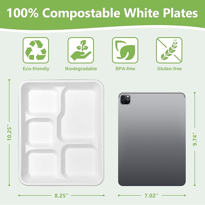 Compostable 5 Compartment Plates Disposable, 10.25 x 8.25 inch, [50-Pack] Heavy Duty Paper Plates with dividers, Sturdy School Lunch Trays, White Large Paper Dinner Plates for Buffet Party