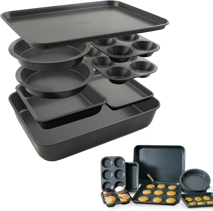 Elbee Home 8-Piece Nonstick Aluminized Steel, Space Saving Baking Set, With Deep Roasting Pan, Cookie Sheet, Cake Pans, Muffin Pans and Baking Pan PFOA & PFOS Free, Holiday Gift for Her