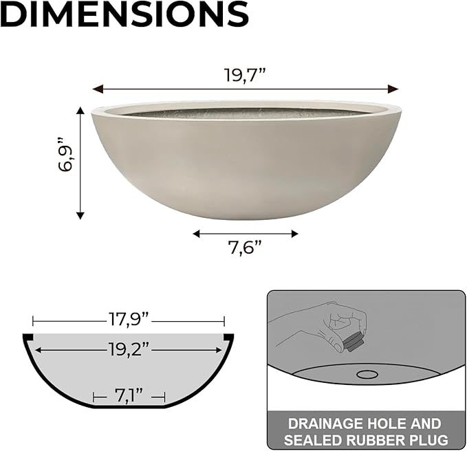 6.9" H x 19.7" D Round Bowl Fiberstone Planter for Succulent and Lotus with Drainage Hole, Smooth Finishes, Weather Resistant, Included 2 Extra Coco Mats (Taupe, 17.9" Pot Opening)