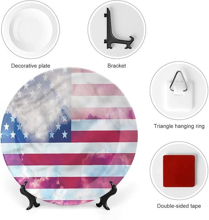 Ceramic Display Plate, American Flag Ceramic Hanging Decorative Plate, Flag Clouds Memorial, 7 Inch, Living Room Kitchen Decoration Household, Multicolor
