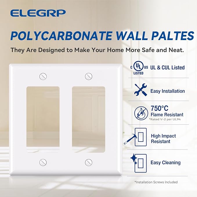 ELEGRP 2-Gang Decorative Wall Plates, Standard Size 4.53" H x 4.57" L Unbreakable Thermoplastic Faceplate Cover for Decorator Receptacle Outlet Switch, UL Listed (5 Pack, Glossy White)
