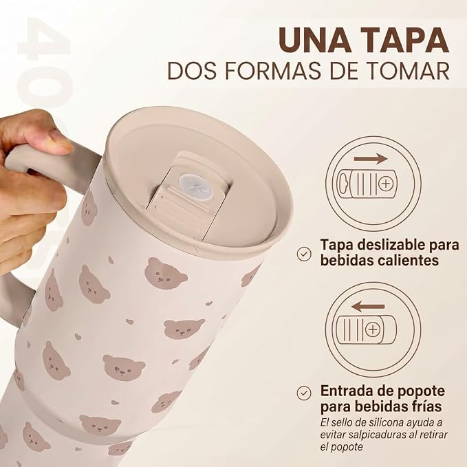 SANDJEST Bear Tumbler with Handle, Insulated Cup Stainless Steel Travel Mug Cup - Image 3